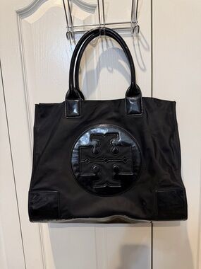 Tory Burch Large Ella Black Nylon Tote with Patent Logo